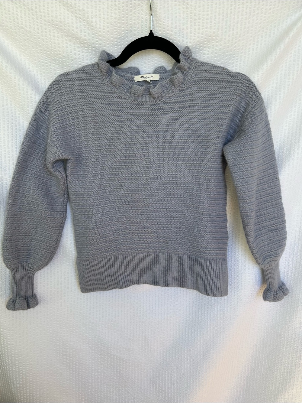 Madewell Cotton-Merino Wool Ruffle Neck Sweater in Light Blue Gray Size XS
